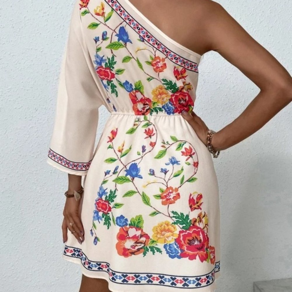 Boho Floral One Shoulder Mini Dress - Picture 5 of 6